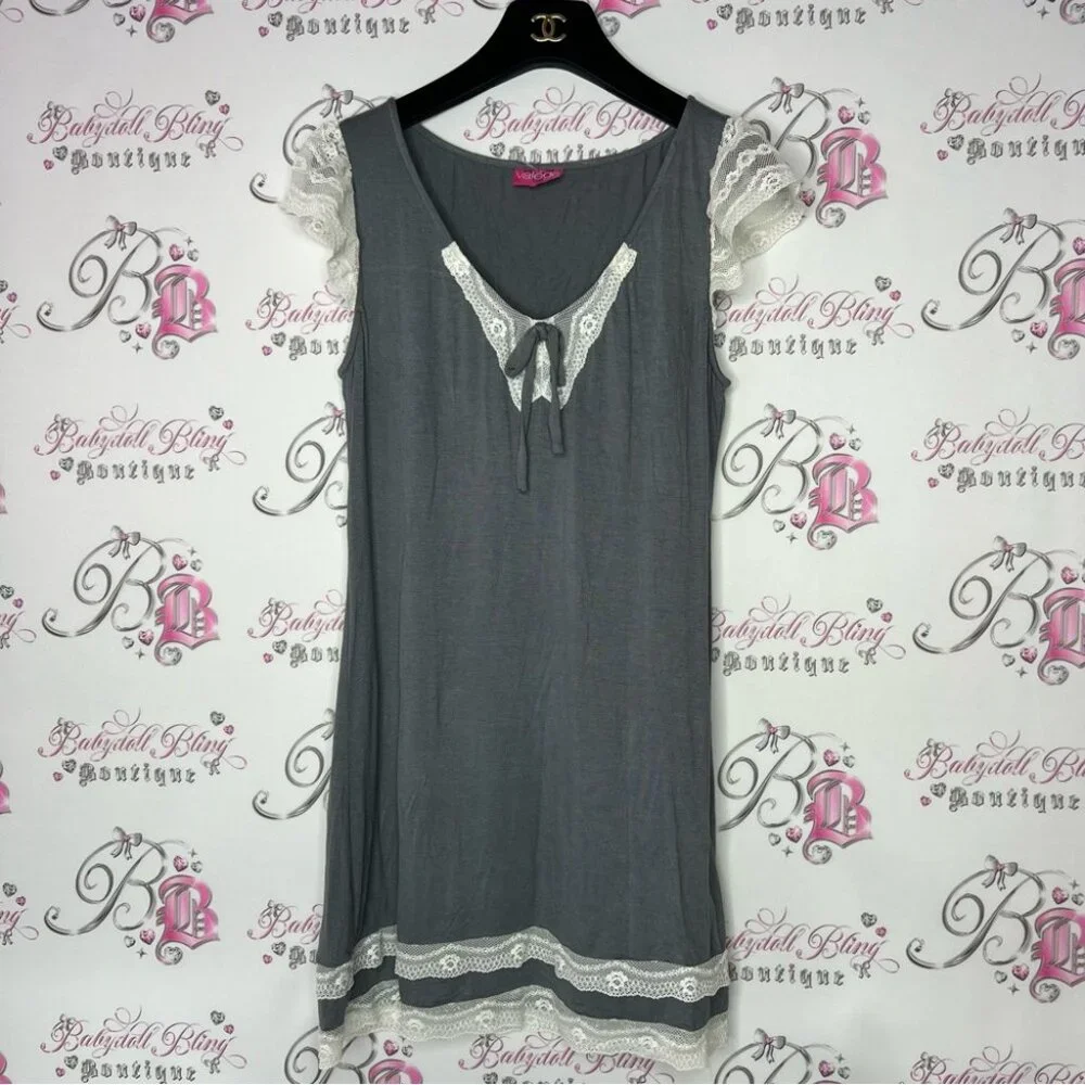 Valege dress grey white ruffle detail bow tie up lace ruffle frills cute y2k - Picture 9 of 9